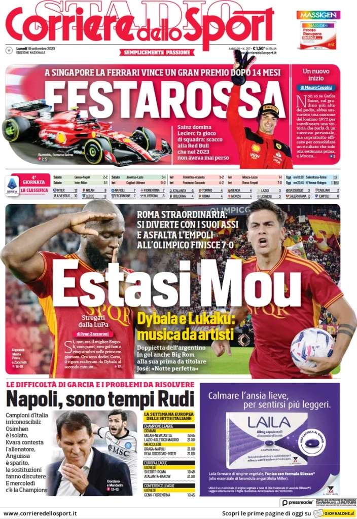 Le Prime Pagine Sportive Nazionali - 18 Settembre