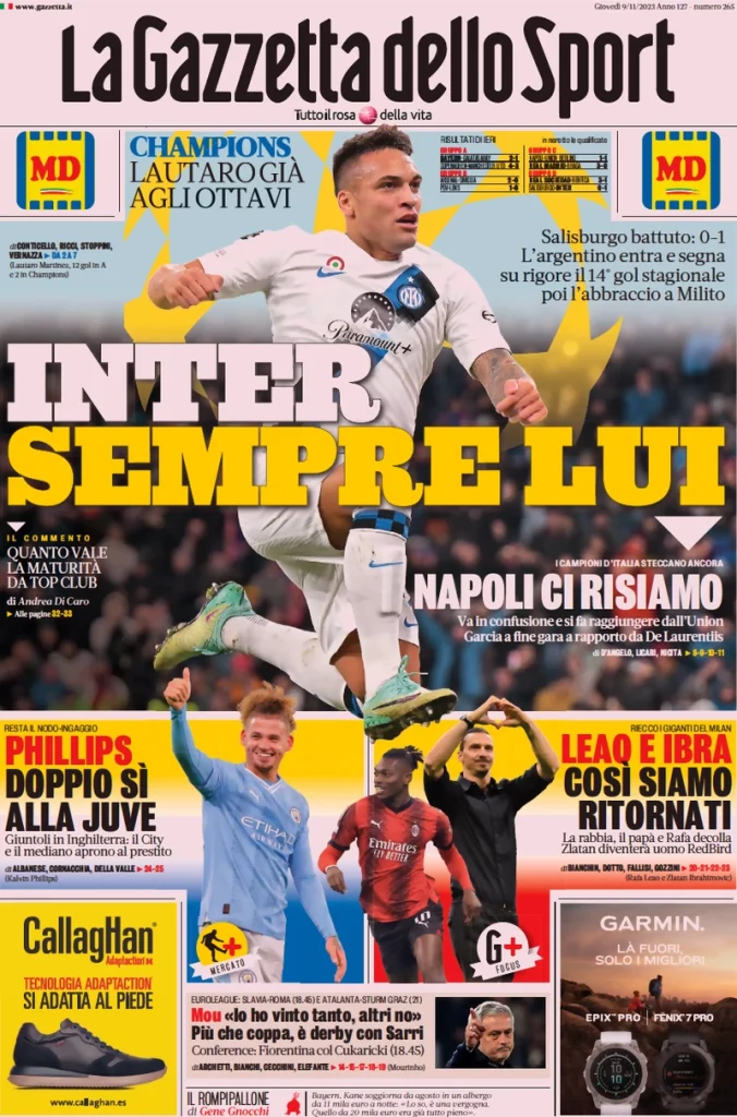 Le Prime Pagine Sportive Nazionali – 9 Novembre - Inter News 24